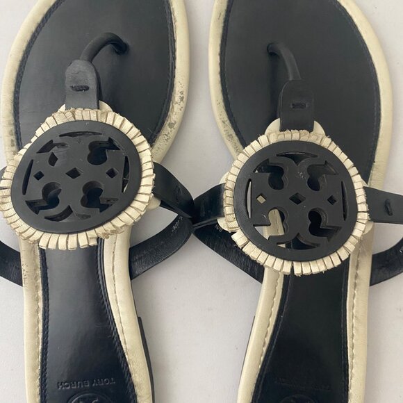 Tory Burch Miller Fringe Sandals Shoes Black White - Picture 10 of 10